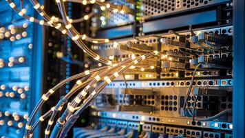 binnen visie van een server kamer in gegevens centrum met verlichte kabels gedurende de dag video