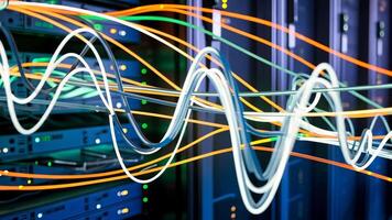 Data Center View Showing Server Racks and Fiber Optic Cables Transmitting Data video