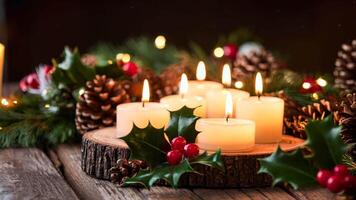 glühend Kerzen und Weihnachten Dekorationen auf ein rustikal Holz Oberfläche video