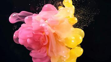 rosa och gul måla exploderar tillsammans skapande en färgrik moln form video