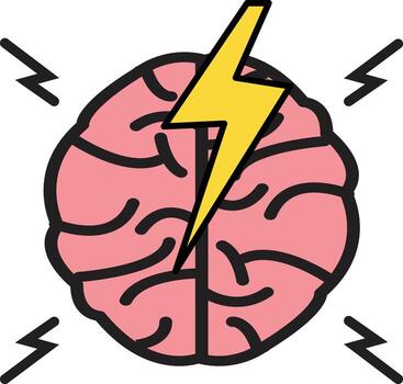 brain with lightning bolt indicating stress icon. brain activity sign. brainstorm think symbol. flat style. vector
