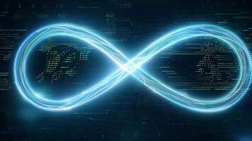 Glowing Infinity Symbol Appears With Digital Background on Dark Computer Screen video