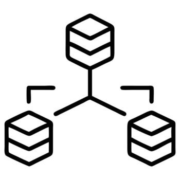 base de datos distribución red icono con interconectado servidores en contorno estilo vector