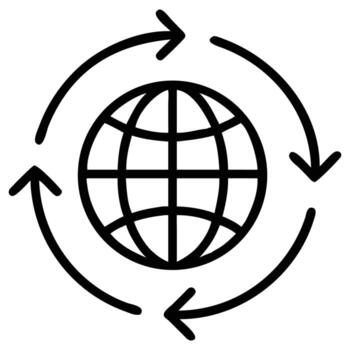 Global circulation icon, earth globe outline with circular arrows indicating rotation vector