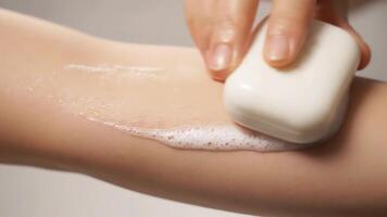 använder sig av tvål bar på ärm för ett okänd ändamål på dagtid video