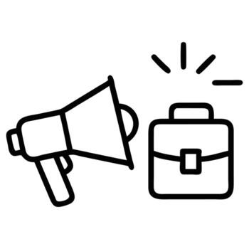 Outline icon of megaphone and briefcase with shining symbol, line art vector