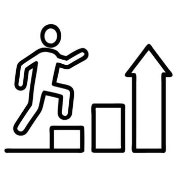 Outline person climbing bar graph steps towards up arrow line icon vector