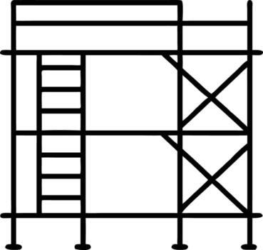 Scaffolding structure line art, construction support framework with ladder, building repair outline vector
