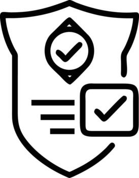 Shield outline icon with checkmark and document lines, security verified data protection vector
