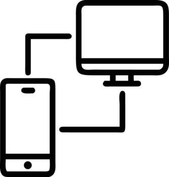 Simple line art of phone connected to a computer monitor display icon vector