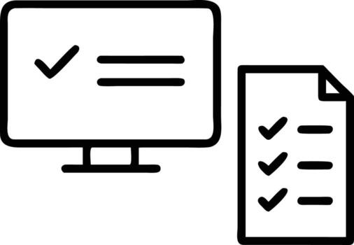 sencillo contorno ilustración de monitor con marca de verificación y documento con tarea terminación vector