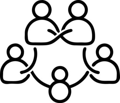 Teamwork outline icon showing collaboration between five people group connecting vector