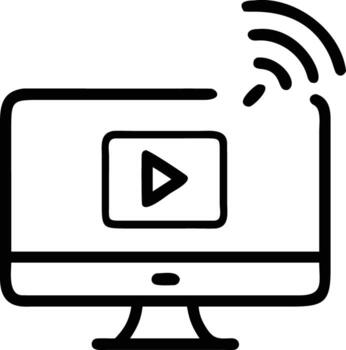 Computer screen with play button and wifi signal icon in simple line art vector