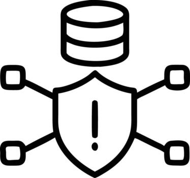 Database with shield and exclamation mark connected to network nodes in line art style vector