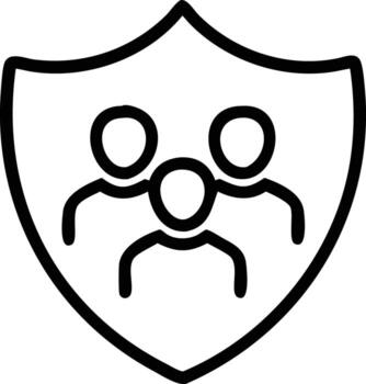 Group of people inside a shield icon representing team protection in simple line art vector