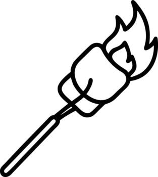 Marshmallow on stick with flame in outline style for camping design vector