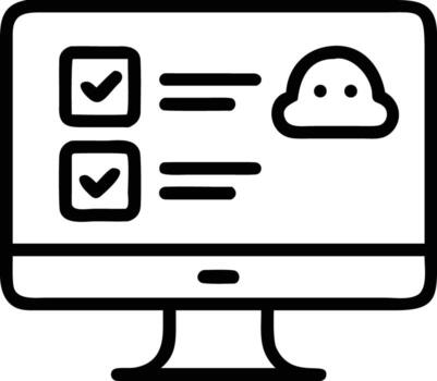 computadora pantalla mostrando Lista de Verificación, texto líneas, y nube icono con un sencillo línea estilo vector