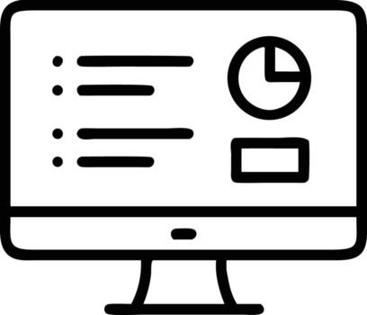 Computer screen displays data analysis, graph and list in line art style vector