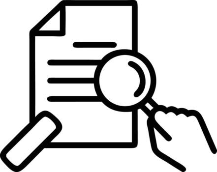 Document analysis line icon with magnifying glass and hand inspecting file data vector