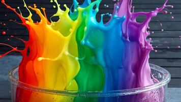 Rainbow Paints Erupt in Glass Container Creating a Colorful Splash Effect video