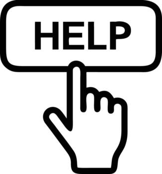 Isolated help button being pressed by hand icon, linear black and white style vector