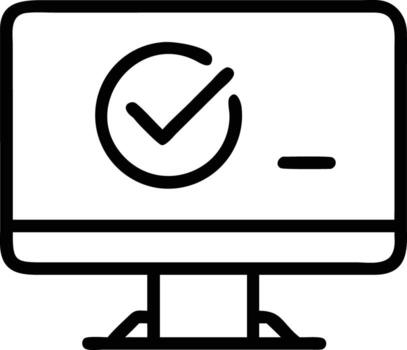 Line art computer monitor with check mark icon inside a circle vector