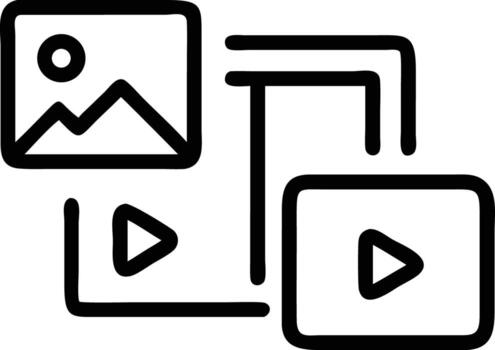 Content sharing icon with gallery image, play button, and interconnecting lines vector