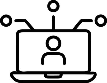 Laptop icon with user figure connected to network nodes, online communication line art vector