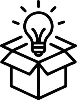 Lightbulb above open box outline icon for creativity and ideas vector