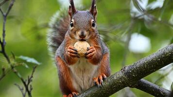 söt röd ekorre äter en valnöt medan uppflugen på en gren i de skog video