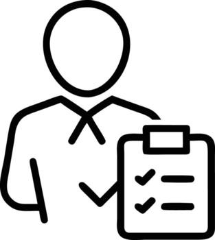 Line drawing of person holding checklist with checkmarks and lines on clipboard vector