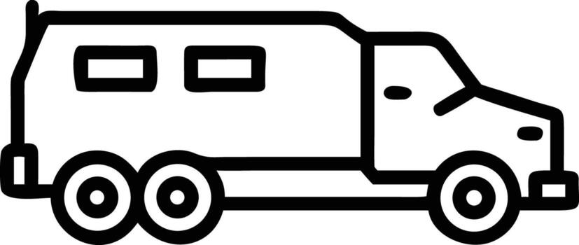 Minimal line drawing of camper van with multiple wheels, illustration symbol vector