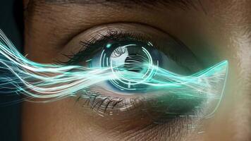 öga med digital gränssnitt och strömmande ljus data ström, mänsklig närbild video