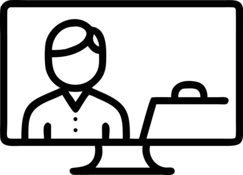 Outline desktop computer display with person and suitcase for conference or remote working symbol vector