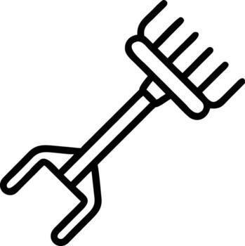 Outline icon of a garden rake with a handle and simple line art vector