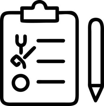 contorno estilo icono ilustración de un portapapeles con Lista de Verificación y bolígrafo herramienta vector