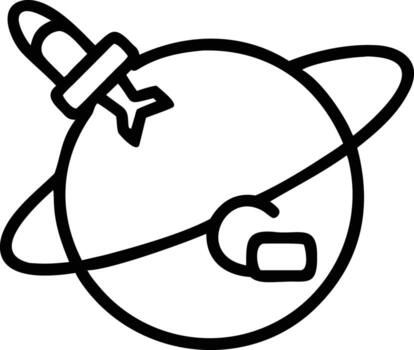 Space exploration line art showing spaceship orbiting a planet with rings vector