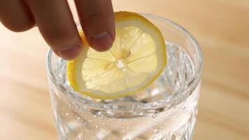 Hinzufügen Zitrone Scheibe zu funkelnd Wasser trinken auf ein sonnig Tag video