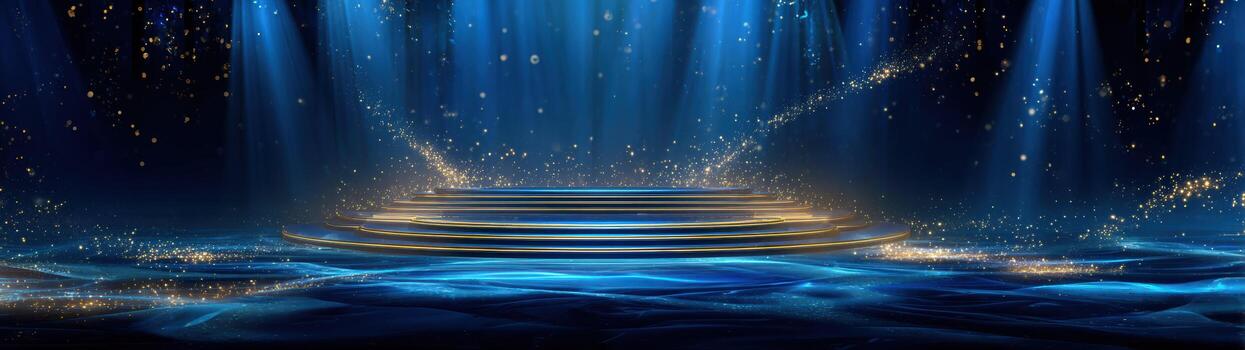 Magical stage background with dynamic flow of blue light. An empty and mysterious podium awaits presentation making it perfect grand event wallpaper photo