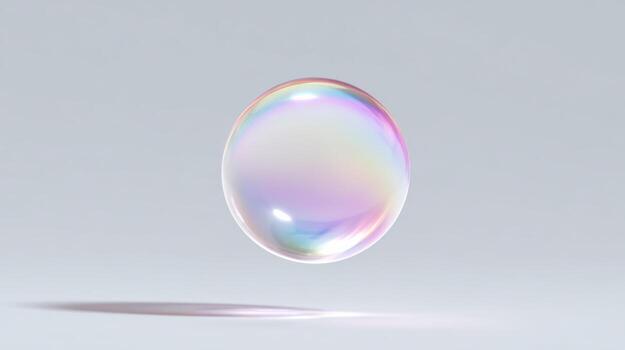 Serene, single floating orb, transparent iridescent sphere. minimalist abstract glass bubble or crystal appears pure and clean against bright background photo
