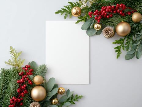 Festive christmas holiday flat lay with blank card mockup. sustainable decoration and natural greenery border on simple background create joyful and elegant feeling photo