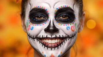 Woman Smiles Wearing Sugar Skull Face Paint for Dia De Los Muertos Celebration video