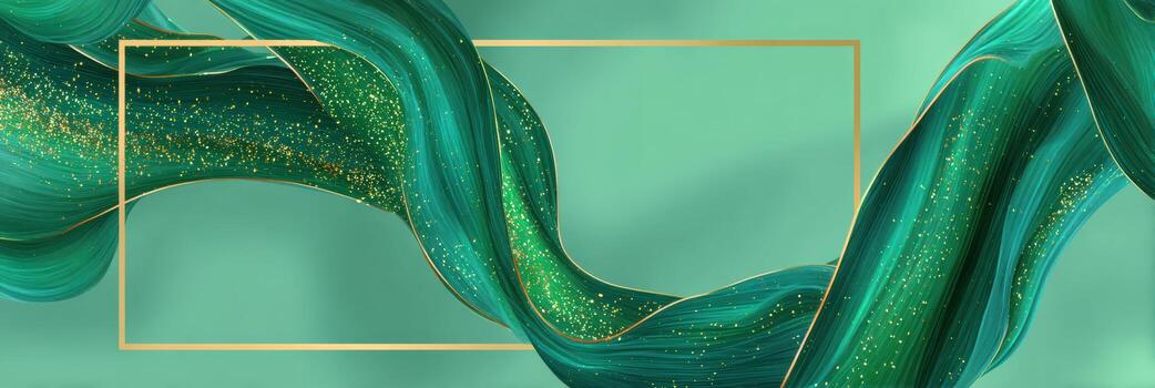 Elegant abstract green wallpaper with dynamic liquid flow. gold frame on solid background creates luxurious and modern banner design with smooth satin texture photo