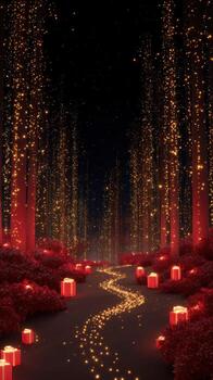 Magical forest path glowing with illuminated red and gold lights. An enchanting trail winds through dark trees, creating serene and mysterious atmosphere for fantasy journey photo