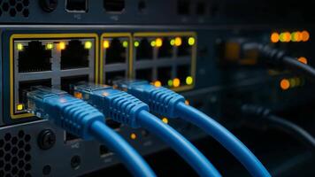 conectado rede interruptor com azul ethernet cabos e ativo dados transferir luzes video