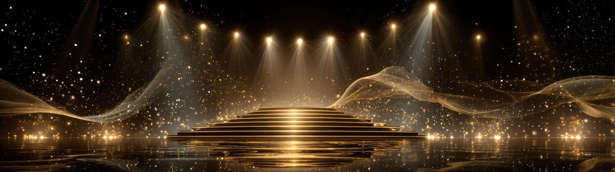 Elegant golden stage with dynamic spotlight and magical light flow. empty award platform creates premium background and perfect wallpaper for celebration photo