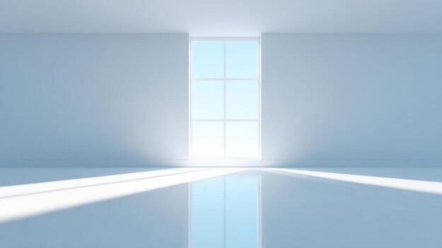 Serene, bright, empty room with pure white floor and large window. Sunlight casting reflection on polished surface creates peaceful, futuristic, and abstract space photo