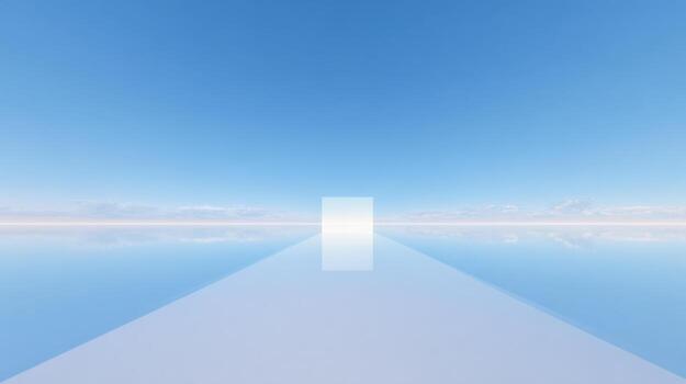 Serene, abstract path on glossy white surface extending to bright horizon and blue sky. tranquil, futuristic background expressing peace, hope, and infinity photo