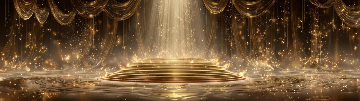 Grand ornate theatrical stage in monochromatic gold tones. An empty spotlight shines down, creating dramatic background with magical light and majestic feeling photo