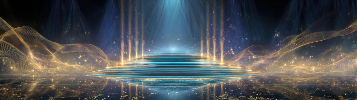 Mystical abstract background with dynamic flow of golden energy. powerful and spiritual scene for fantasy wallpaper showing glowing portal to futuristic dimension photo